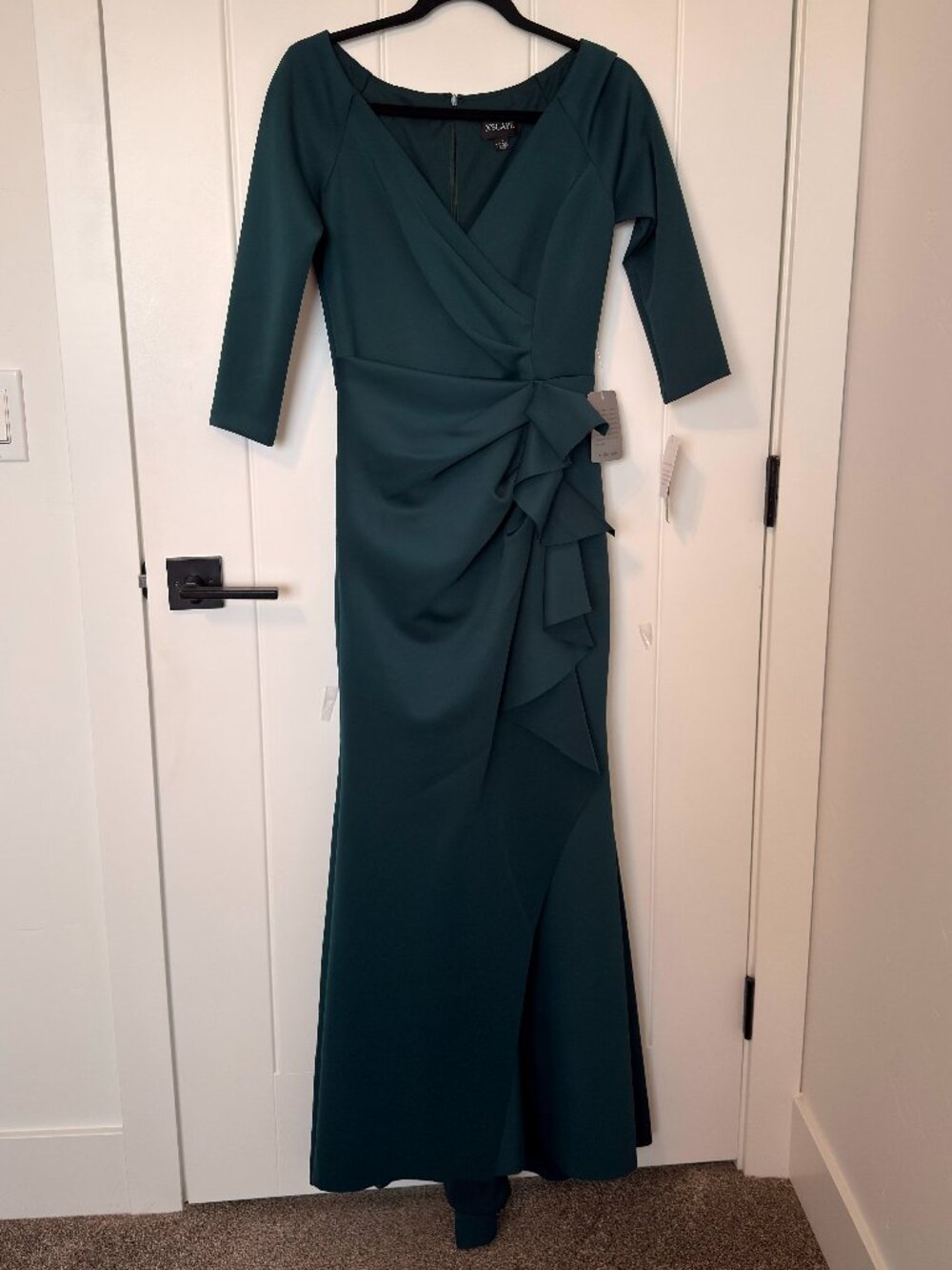 Xscape Ruched Scuba Knit Ruffle Gown NWT